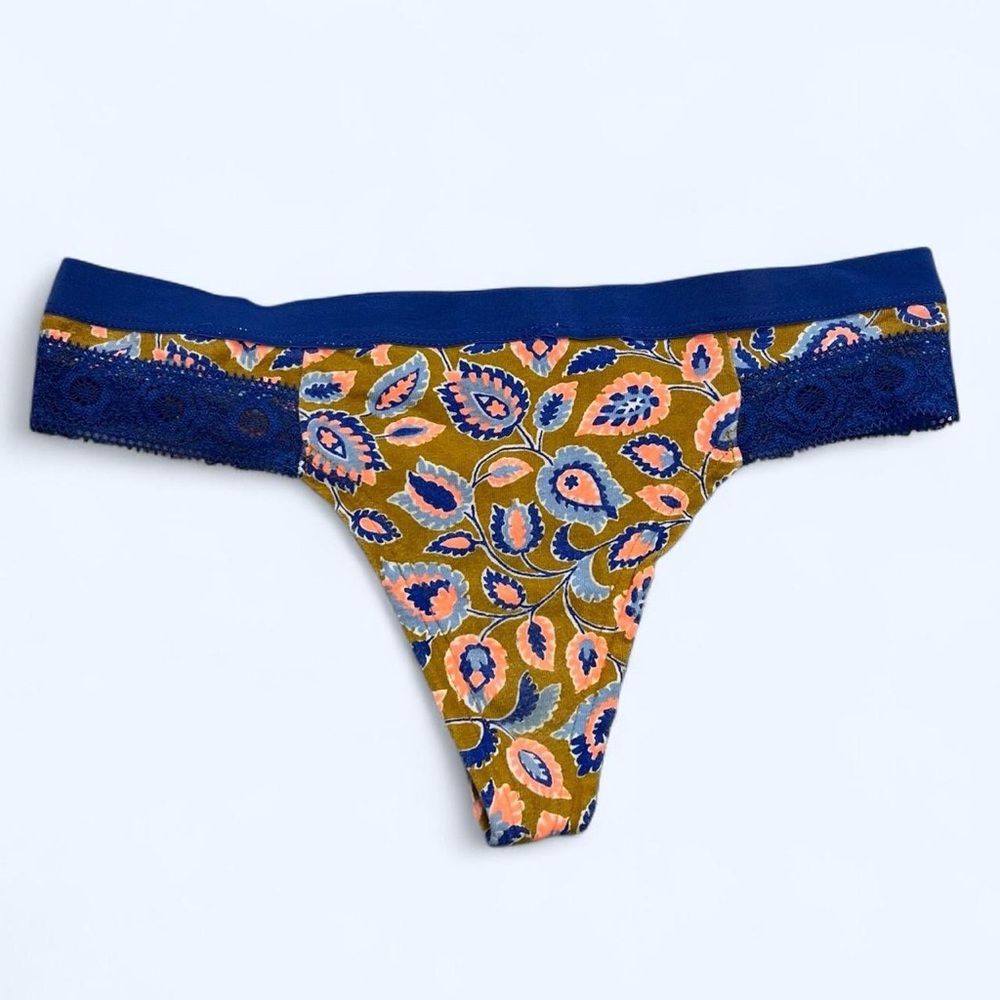 Aerie Small Royal French Blue Yellow Pink Lace Paisley Print Cotton Thong Panty